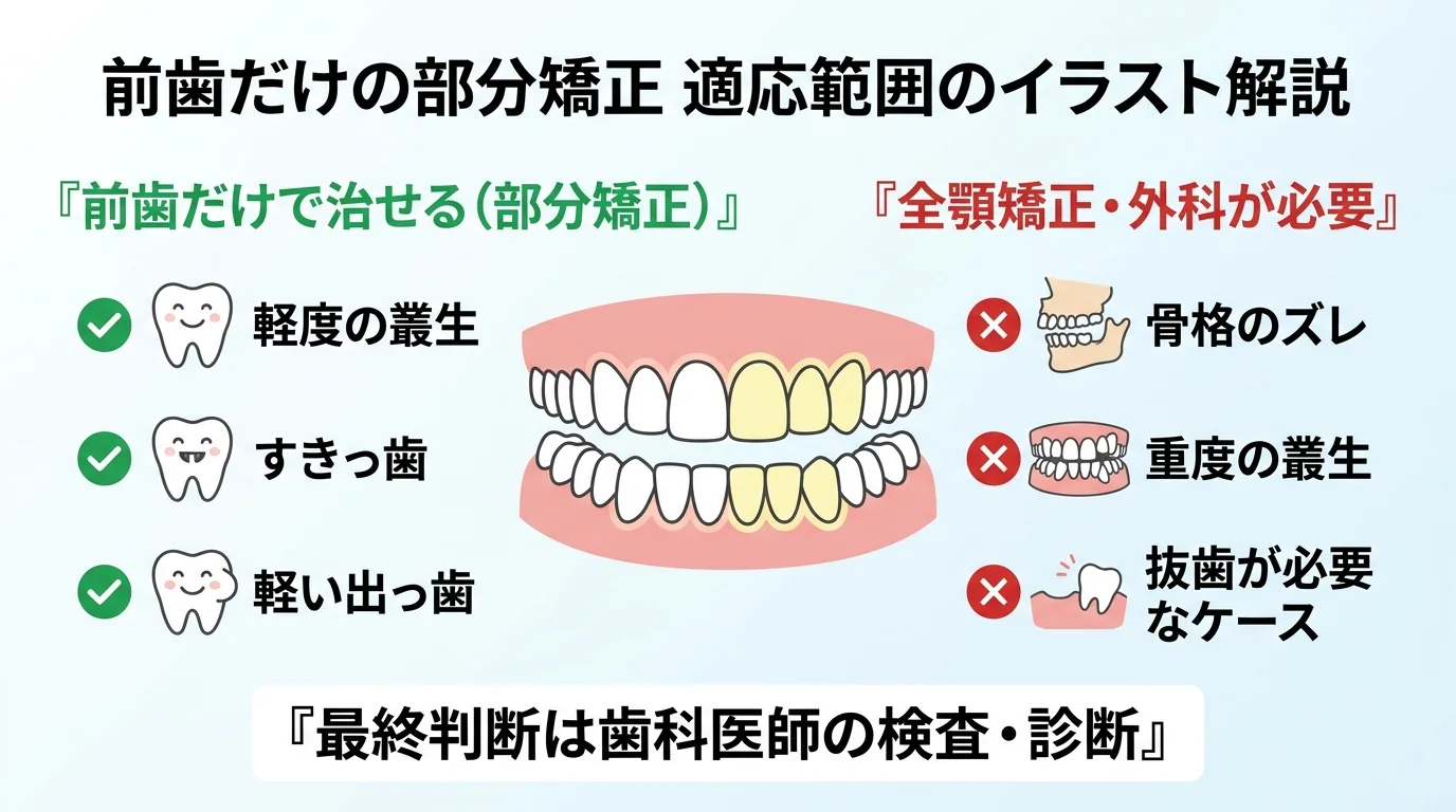 前歯だけの部分矯正の適応範囲を示すイラスト。中央に上下の歯列図。『前歯だけで治せる(部分矯正)』として軽度の叢生・すきっ歯・軽い出っ歯を緑のアイコンで、『全顎矯正・外科が必要』として骨格のズレ・重度の叢生・抜歯が必要なケースを赤のアイコンで対比。下部に『最終判断は歯科医師の検査・診断』の注記