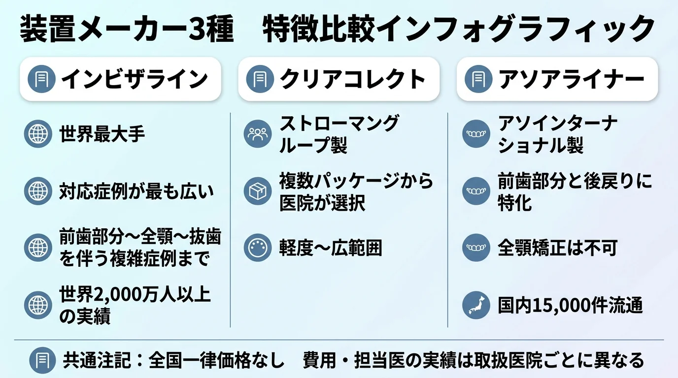 装置メーカー3種の特徴比較インフォグラフィック。3列でインビザライン(世界最大手・対応症例が最も広い・前歯部分〜全顎〜抜歯を伴う複雑症例まで・世界2,000万人以上の実績)、クリアコレクト(ストローマングループ製・複数パッケージから医院が選択・軽度〜広範囲)、アソアライナー(アソインターナショナル製・前歯部分と後戻りに特化・全顎矯正は不可・国内15,000件流通)。共通の注記として『全国一律価格なし。費用・担当医の実績は取扱医院ごとに異なる』