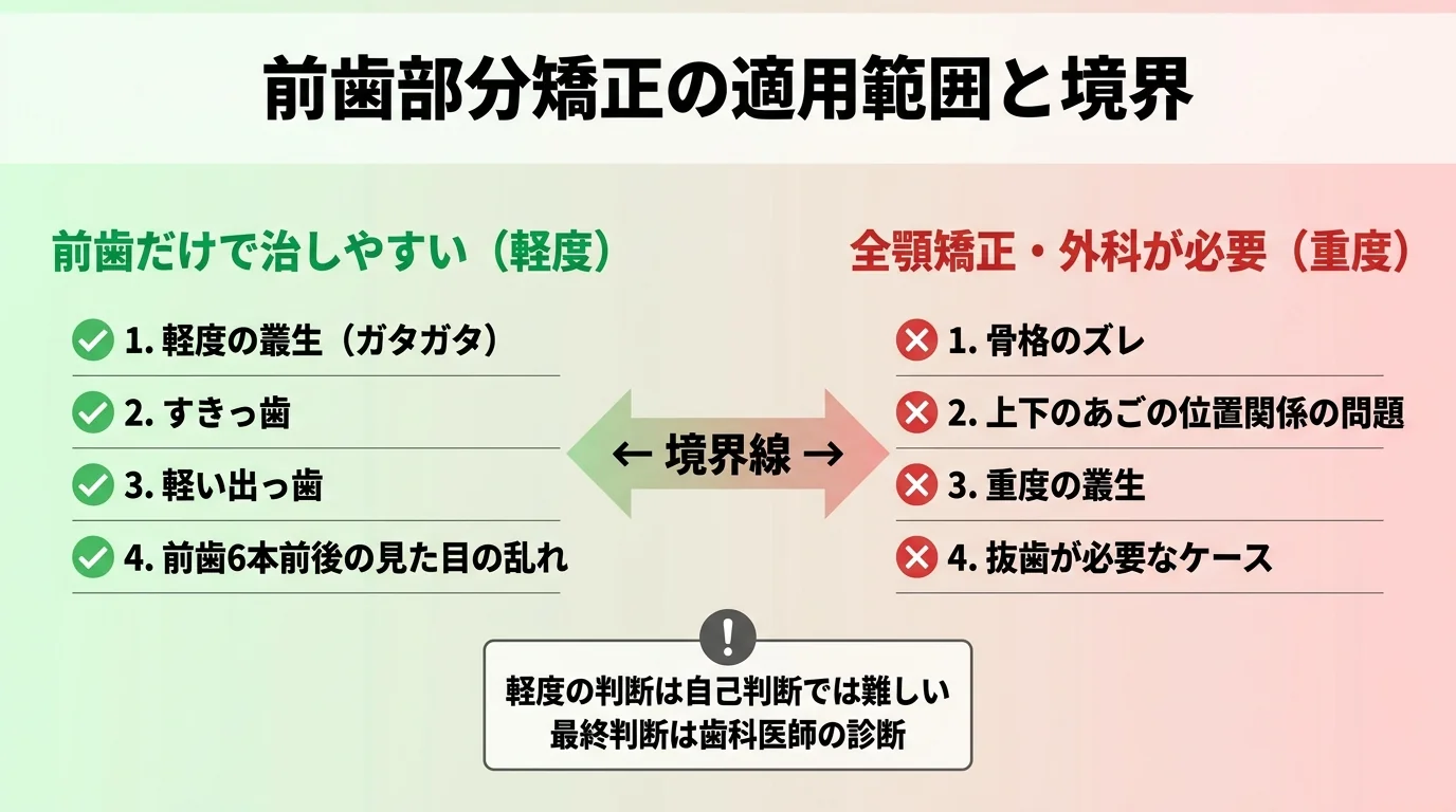 前歯だけ矯正の適応境界線を示すセルフチェック図。左側『前歯だけで治しやすい』に軽度の叢生(ガタガタ)・すきっ歯・軽い出っ歯・前歯6本前後の見た目の乱れを緑で列挙。右側『全顎矯正・外科が必要』に骨格のズレ・上下のあごの位置関係の問題・重度の叢生・抜歯が必要なケースを赤で列挙。中央に矢印と『軽度の判断は自己判断では難しい/最終判断は歯科医師の診断』の注記