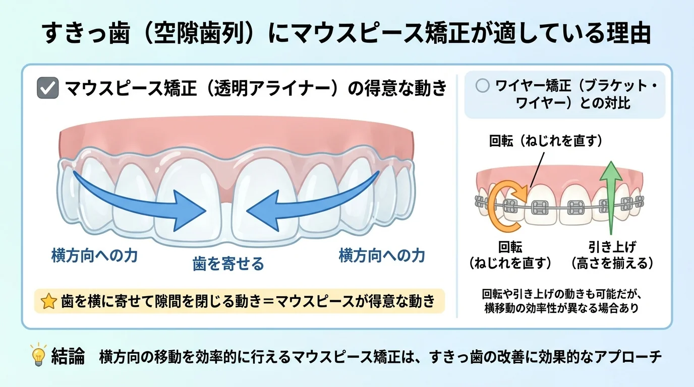 すきっ歯（空隙歯列）にマウスピース矯正が適している理由を示すイラスト。前歯の隙間に対して透明アライナーが左右から歯を横方向に寄せる矢印を描き、「歯を横に寄せて隙間を閉じる動き＝マウスピースが得意な動き」というキャプションを添える。ワイヤー矯正の回転・引き上げの動きとの対比も小さく併記
