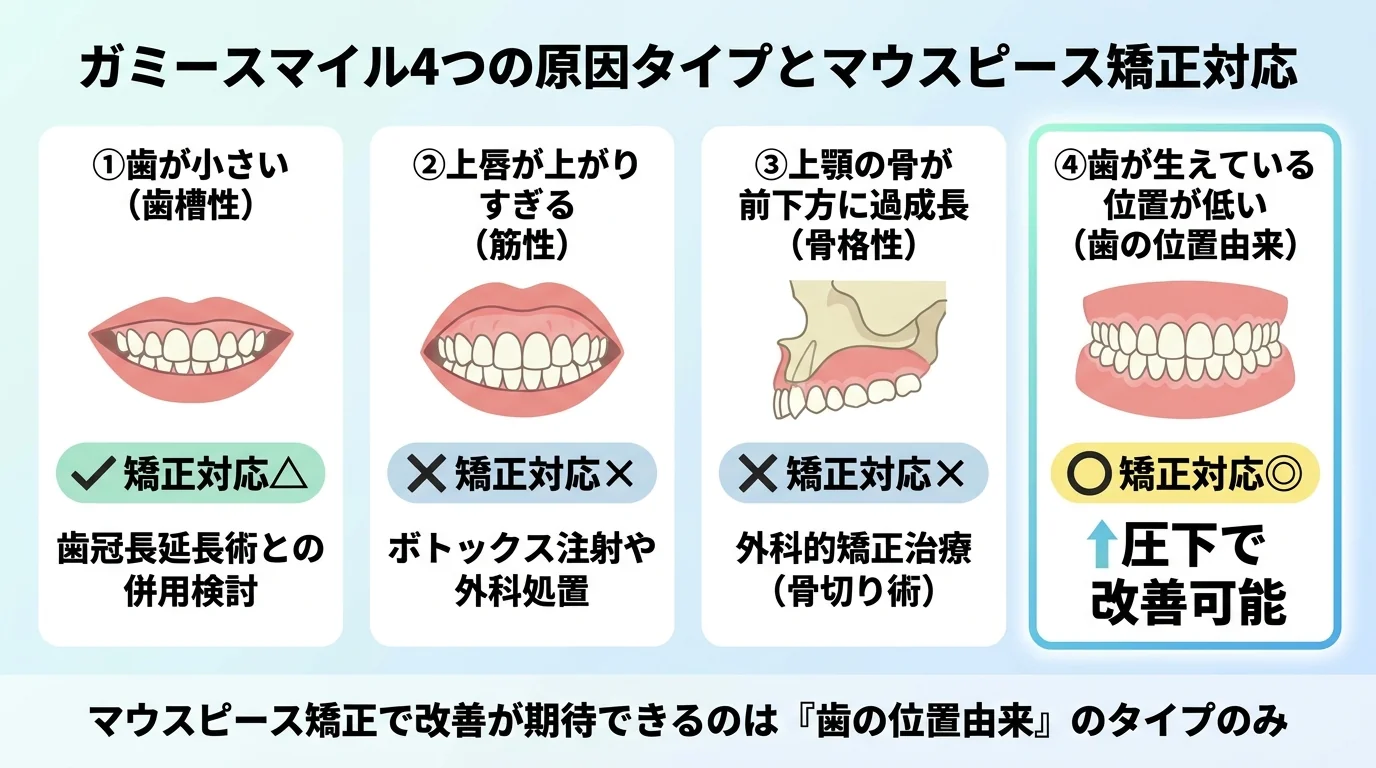 ガミースマイルの4つの原因タイプとマウスピース矯正の対応可否を示す図。①歯が小さい（歯槽性）→矯正対応△、②上唇が上がりすぎる（筋性）→矯正対応×、③上顎の骨が前下方に過成長（骨格性）→矯正対応×、④歯が生えている位置が低い（歯の位置由来）→矯正対応○。歯の位置由来のみが圧下で改善可能であることを強調