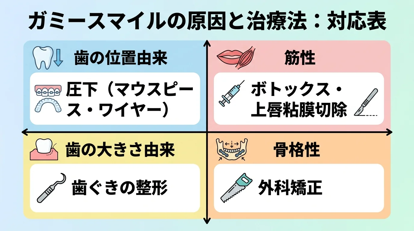 ガミースマイルの原因別・治療法の対応表。歯の位置由来→圧下（マウスピース・ワイヤー）、筋性→ボトックス・上唇粘膜切除、歯の大きさ由来→歯ぐきの整形、骨格性→外科矯正。原因ごとに適した治療が異なることを4象限の図で示す