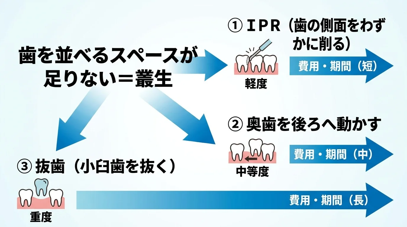 叢生を治すためのスペース確保の3つの方法を示すイラスト図。中央に「歯を並べるスペースが足りない=叢生」、そこから3方向に矢印で分岐。①IPR(歯の側面をわずかに削る)②奥歯を後ろへ動かす③抜歯(小臼歯を抜く)。それぞれに軽度・中等度・重度の目安と、費用・期間が右に行くほど増えることを示す矢印を添える