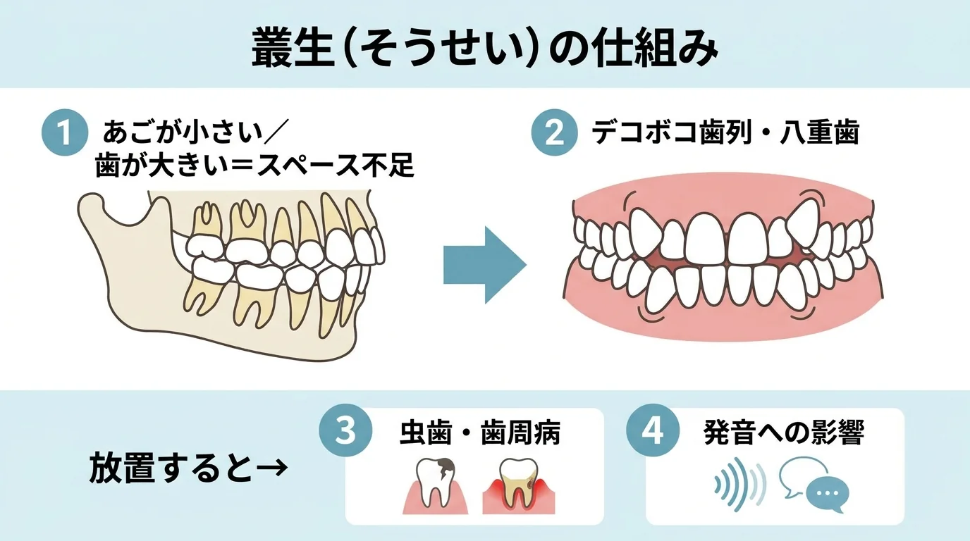 叢生(そうせい)の仕組みを説明するイラスト。左に「あごが小さい/歯が大きい=スペース不足」の顎と歯の模式図、右に歯が前後に重なりデコボコになった歯列と八重歯(犬歯が外側に飛び出した状態)を示す。下部に「放置すると→虫歯・歯周病・発音への影響」の3つのリスクアイコンを並べる