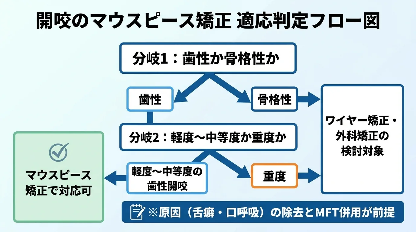 開咬のマウスピース矯正 適応判定フロー図。分岐1『歯性か骨格性か』→歯性なら分岐2『軽度〜中等度か重度か』→軽度〜中等度の歯性開咬=マウスピース矯正で対応可、重度または骨格性=ワイヤー矯正・外科矯正の検討対象。あわせて『原因(舌癖・口呼吸)の除去とMFT併用が前提』の注記を下部に配置