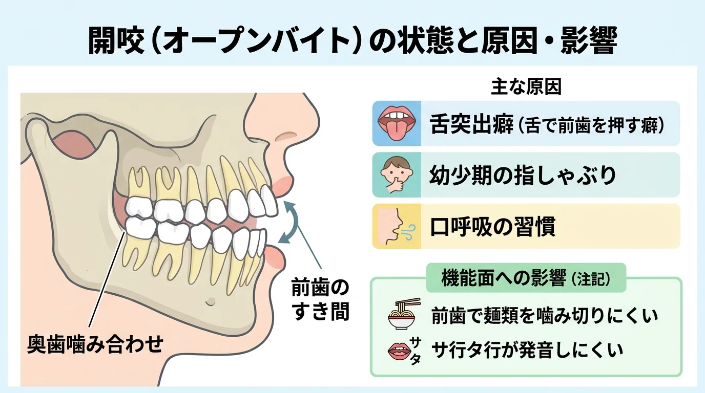 開咬(オープンバイト)の状態を示す口腔内イラスト。奥歯を噛み合わせても上下の前歯が閉じずすき間が空いている断面図。あわせて主な原因3つ(舌で前歯を押す舌突出癖/幼少期の指しゃぶり/口呼吸)をアイコン付きで並べる。『前歯で麺類を噛み切りにくい・サ行タ行が発音しにくい』の機能面の影響も注記