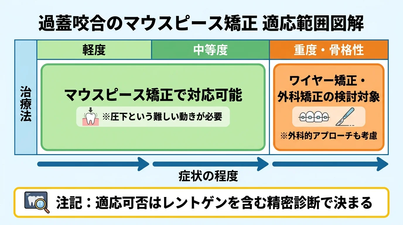 過蓋咬合のマウスピース矯正 適応範囲の図解。横軸に症状の程度(軽度→中等度→重度・骨格性)、縦軸に治療法。軽度〜中等度=マウスピース矯正で対応可能(圧下という難しい動きが必要)、骨格性=ワイヤー矯正・外科矯正の検討対象、と色分けして示す。注記『適応可否はレントゲンを含む精密診断で決まる』