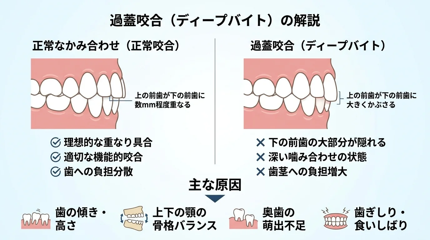 過蓋咬合(ディープバイト)の解説イラスト。左に正常なかみ合わせ(上の前歯が下の前歯に数mm程度重なる)、右に過蓋咬合(上の前歯が下の前歯に大きくかぶさり、下の前歯の大部分が隠れる)を並べた断面図。主な原因として『歯の傾き・高さ』『上下の顎の骨格バランス』『奥歯の萌出不足』『歯ぎしり・食いしばり』を注記