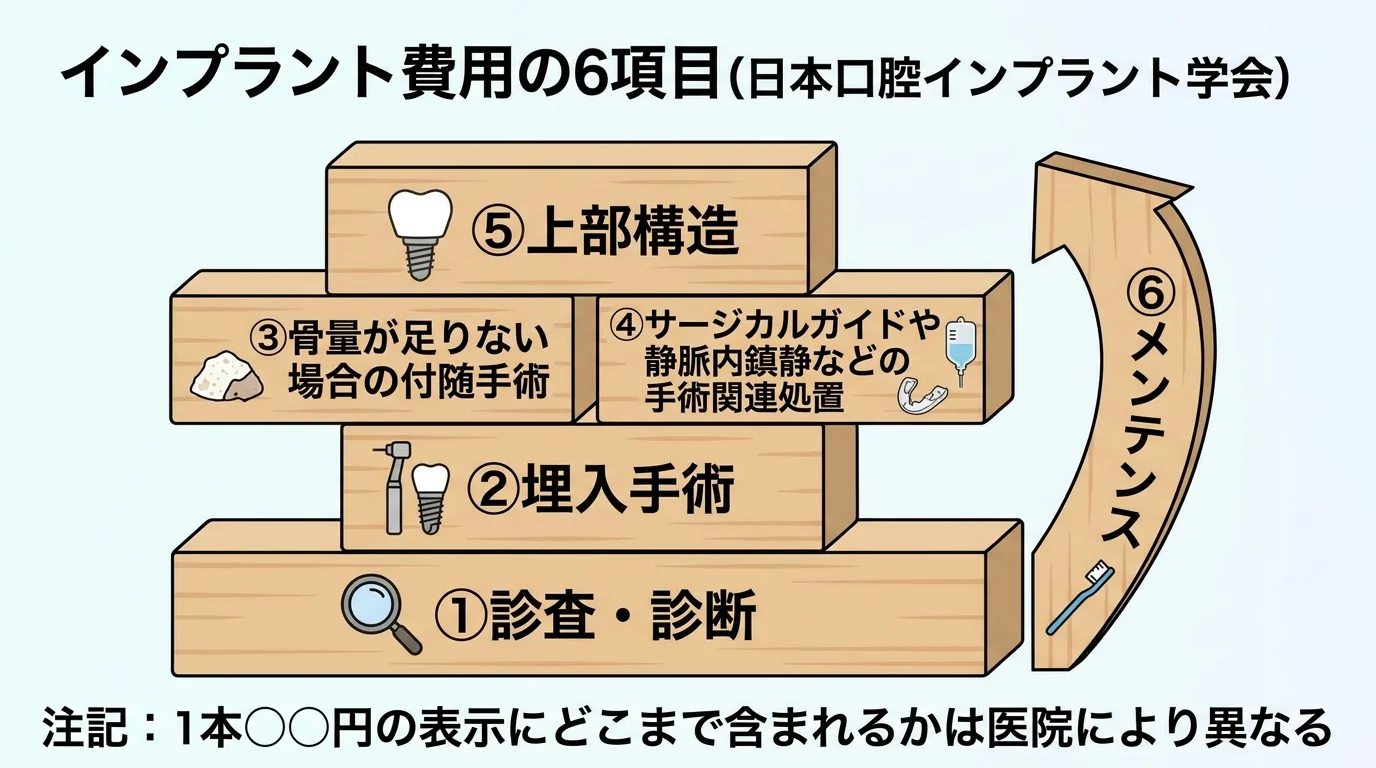 インプラント費用の6項目を示すイラスト。タイトル『インプラント費用の6項目（日本口腔インプラント学会）』。①診査・診断 ②埋入手術 ③骨量が足りない場合の付随手術 ④サージカルガイドや静脈内鎮静などの手術関連処置 ⑤上部構造 ⑥メンテナンス を積み木のように積み上げて図示。『1本◯◯円の表示にどこまで含まれるかは医院により異なる』の注記を添える