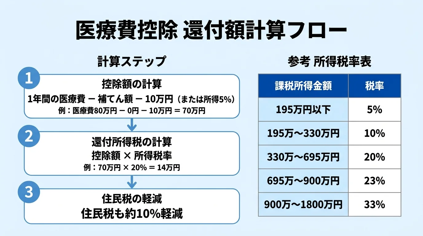 医療費控除の還付額の計算ステップを示すフロー図。ステップ1『控除額＝1年間の医療費－補てん額－10万円（または所得5%）』例：医療費80万円－0円－10万円＝70万円。ステップ2『還付される所得税＝控除額×所得税率』例：70万円×20%＝14万円。ステップ3『住民税も約10%軽減』。所得税率表（195万円以下5%／195万〜330万円10%／330万〜695万円20%／695万〜900万円23%／900万〜1800万円33%）を併記