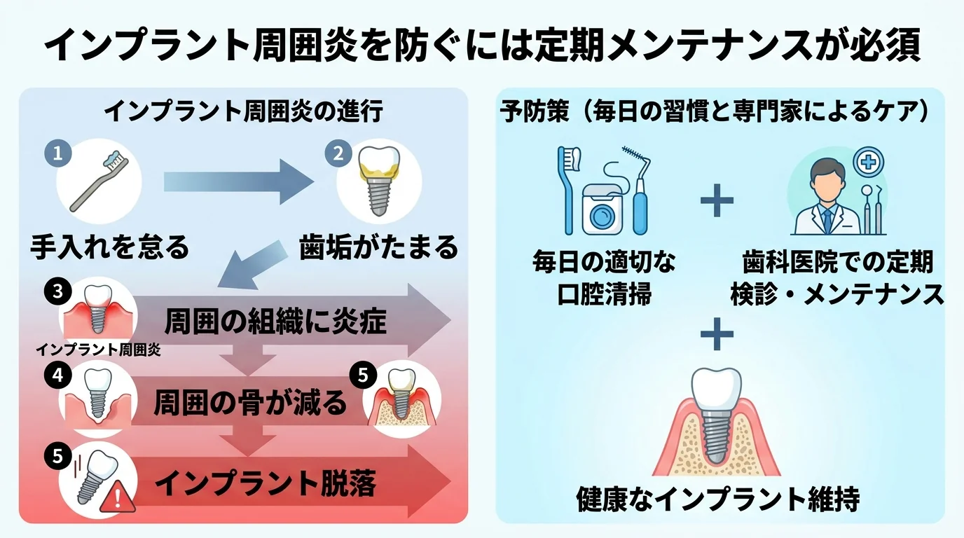 インプラント周囲炎の進行と予防を示すイラスト図。『手入れを怠る→歯垢がたまる→周囲の組織に炎症（インプラント周囲炎）→周囲の骨が減る→インプラント脱落』の進行フローと、予防策『毎日の適切な口腔清掃＋歯科医院での定期検診・メンテナンス』を並べる。タイトル『インプラント周囲炎を防ぐには定期メンテナンスが必須』