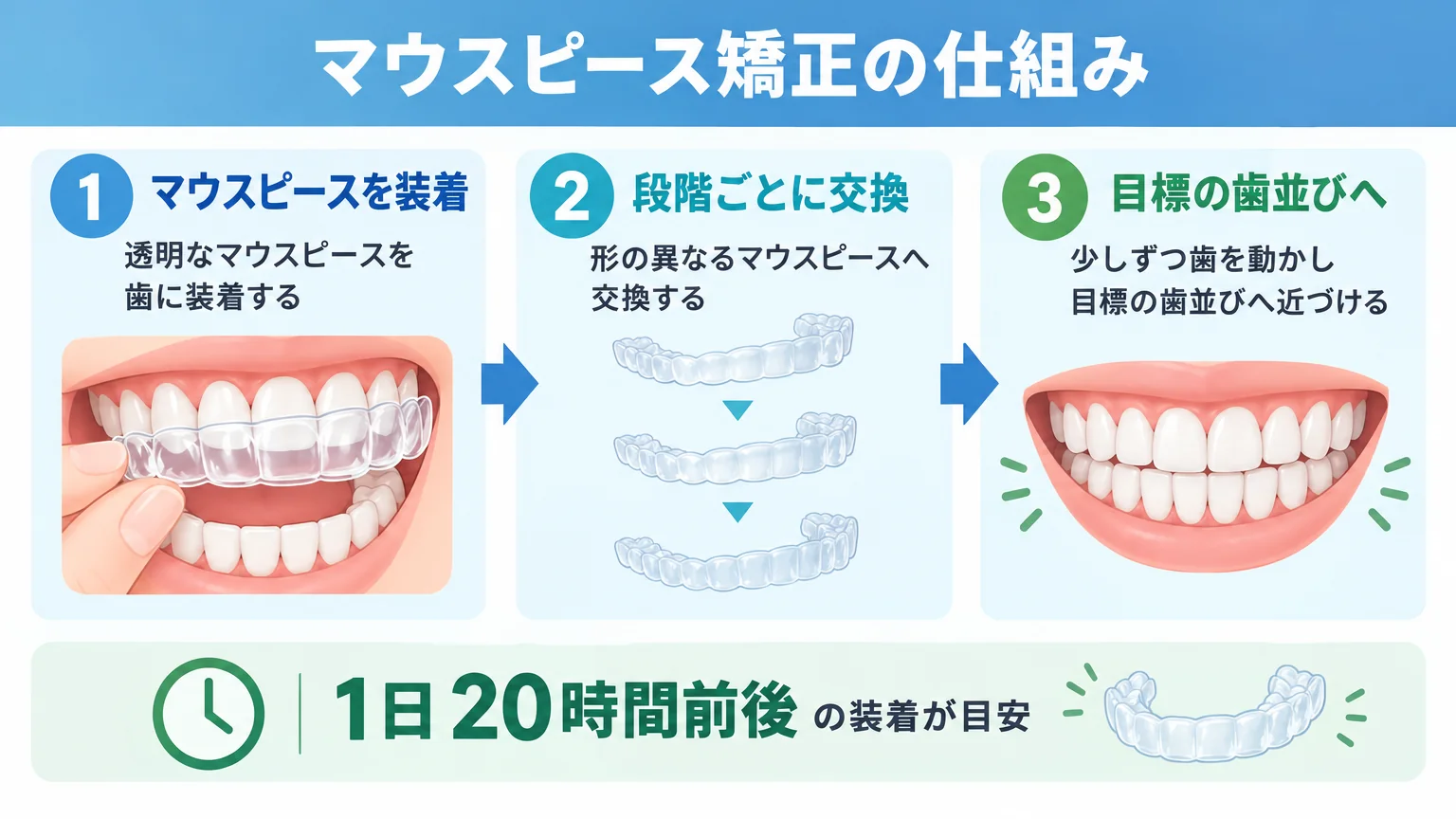 マウスピース矯正の仕組みを説明するイラスト。透明なマウスピースを歯に装着し、段階ごとに形の異なるマウスピースへ交換して少しずつ歯を動かし目標の歯並びへ近づける流れを3ステップの図で表現。1日20時間前後の装着目安の注記付き