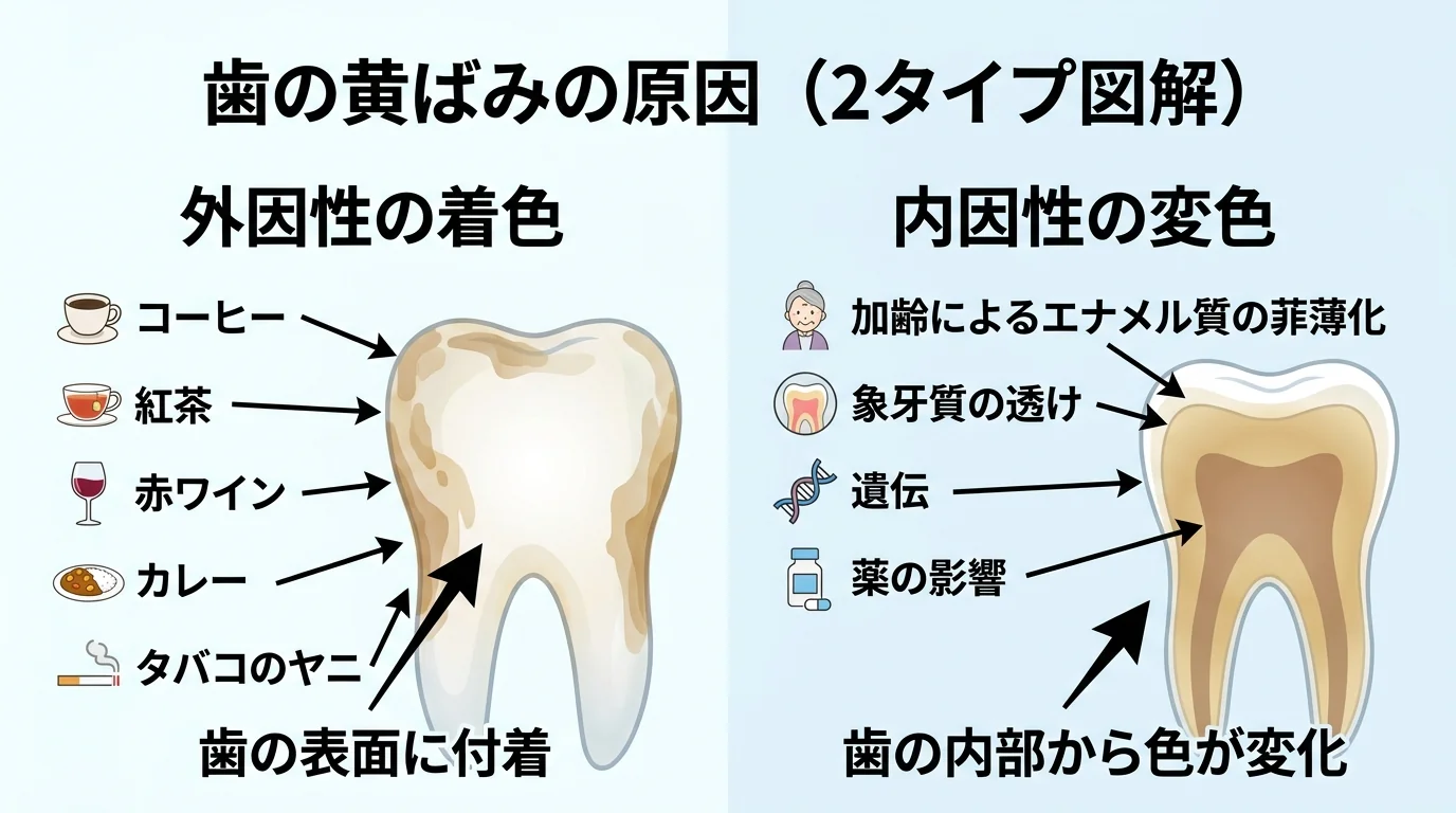 歯の黄ばみの原因を2タイプに分けて図解するイラスト。左に『外因性の着色』としてコーヒー・紅茶・赤ワイン・カレー・タバコのヤニが歯の表面に付着する様子、右に『内因性の変色』として加齢によるエナメル質の菲薄化・象牙質の透け・遺伝・薬の影響で歯の内部から色が変わる様子を対比して示す