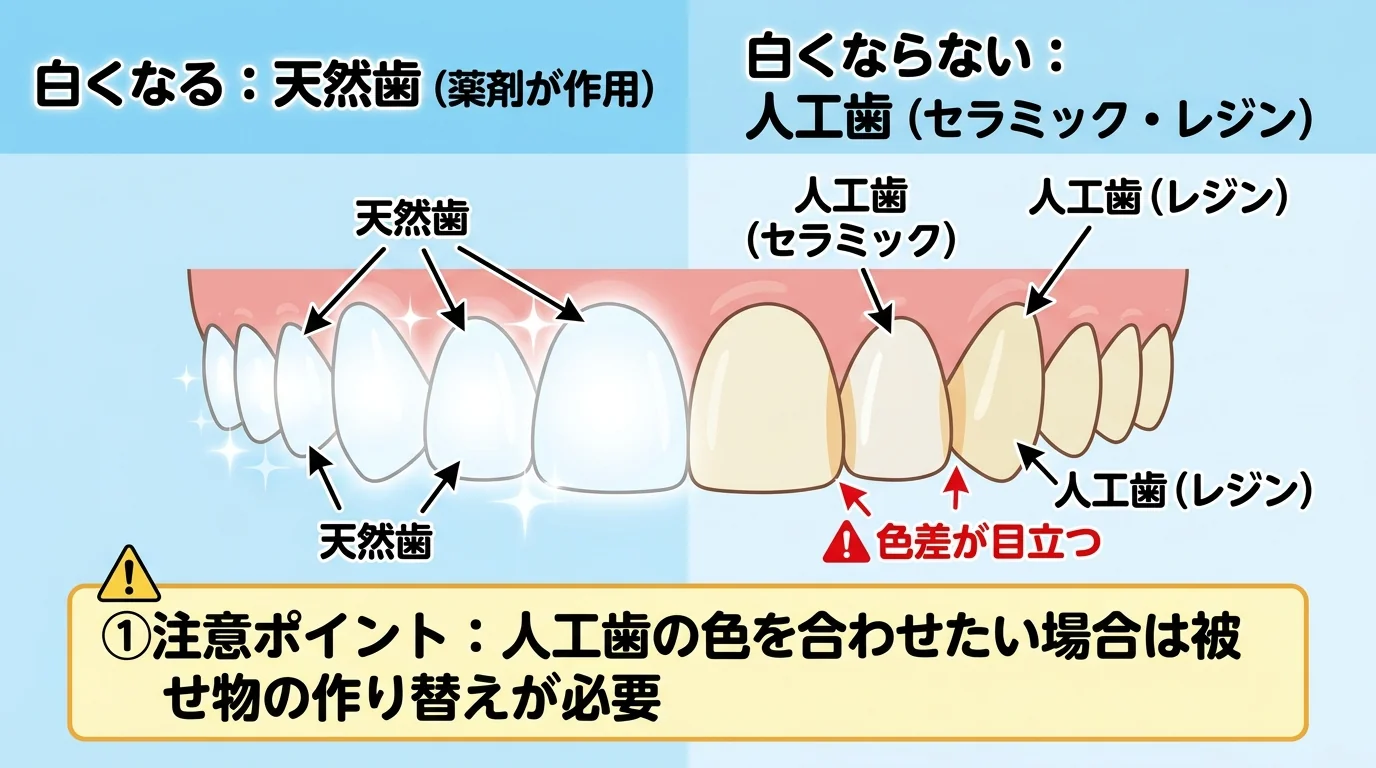 ホワイトニングで白くなる歯・ならない歯のイラスト解説。左側『白くなる：天然歯（薬剤が作用）』、右側『白くならない：人工歯（セラミック・レジン）』。前歯の列に天然歯と差し歯が混在し、ホワイトニング後に天然歯だけ白くなり人工歯との色差が目立つ様子を図示。注意ポイント『人工歯の色を合わせたい場合は被せ物の作り替えが必要』