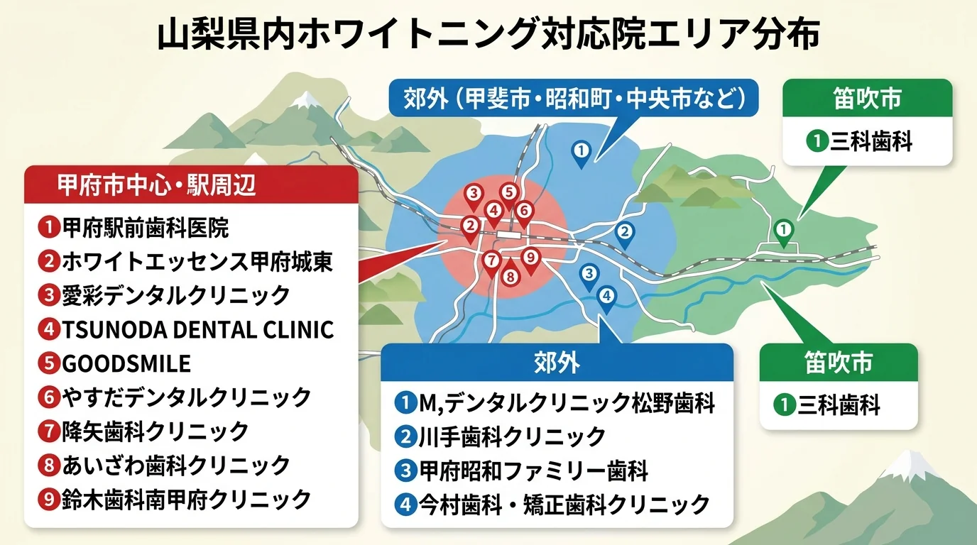 山梨県内のホワイトニング対応院のエリア分布イラストマップ。甲府市中心・駅周辺（甲府駅前歯科医院、ホワイトエッセンス甲府城東、愛彩デンタルクリニック、TSUNODA DENTAL CLINIC、GOODSMILE、やすだデンタルクリニック、降矢歯科クリニック、あいざわ歯科クリニック、鈴木歯科南甲府クリニック）、甲斐市・昭和町・中央市など郊外（M,デンタルクリニック松野歯科、川手歯科クリニック、甲府昭和ファミリー歯科、今村歯科・矯正歯科クリニック）、笛吹市（三科歯科）の3エリアに色分けして配置