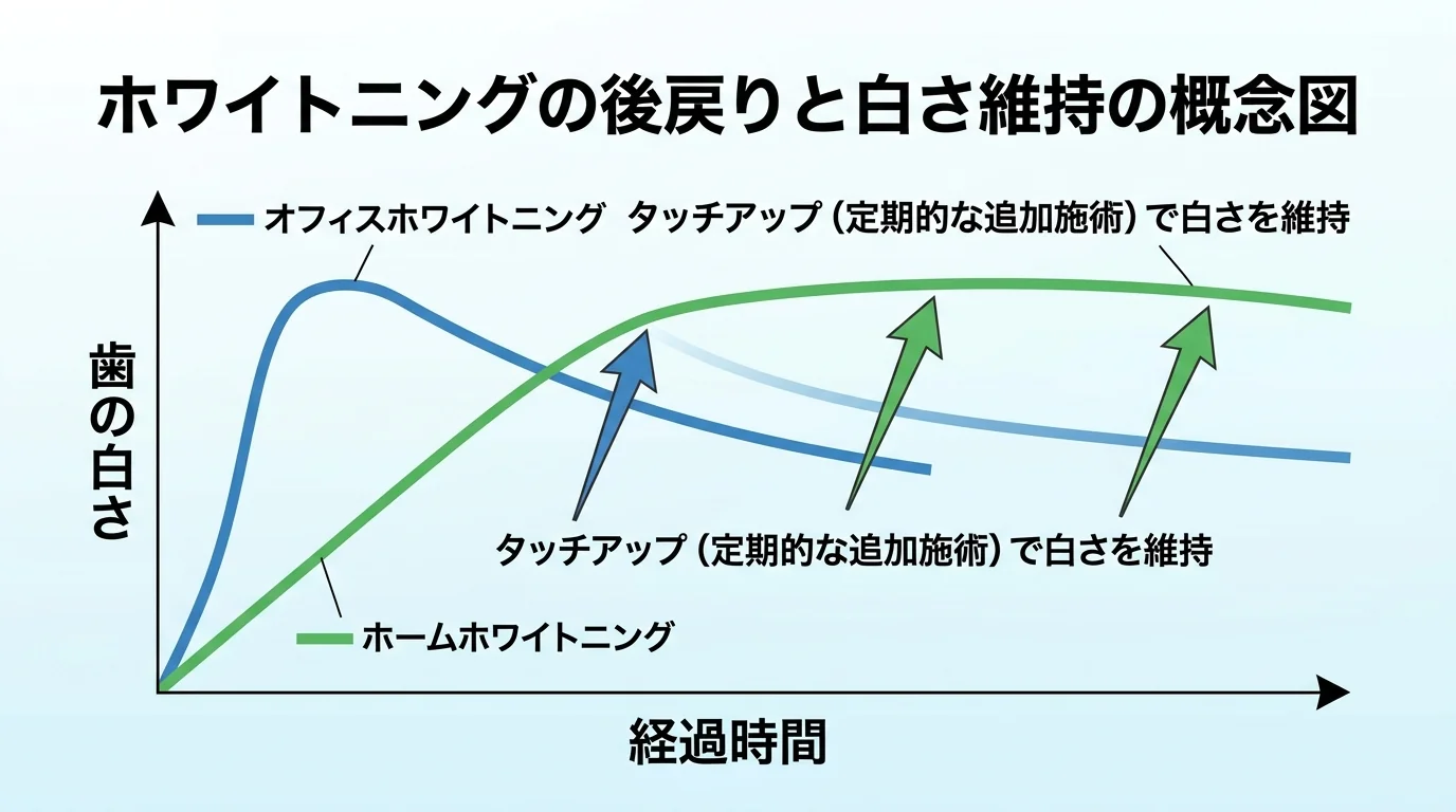 ホワイトニングの後戻りと白さ維持の概念図(チャート)。横軸に時間、縦軸に歯の白さをとり、オフィスホワイトニングは短期間で白くなるが後戻りがやや早い曲線、ホームホワイトニングは緩やかに白くなり持続する曲線を並べる。タッチアップ(定期的な追加施術)で白さを維持するポイントを矢印で示す
