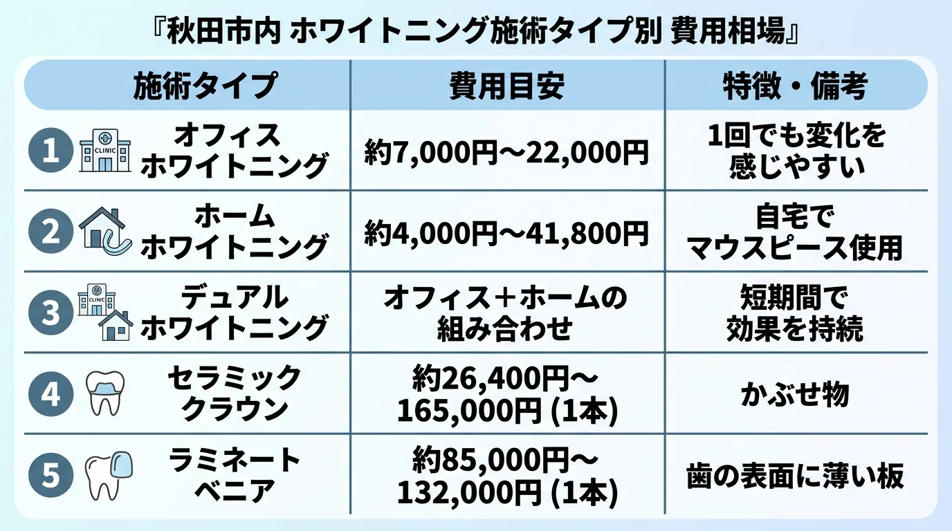 秋田のホワイトニング費用相場早見表のインフォグラフィック。施術タイプ別に費用目安を縦に並べる。オフィスホワイトニング:約7,000円〜22,000円(1回でも変化を感じやすい)、ホームホワイトニング:約4,000円〜41,800円(自宅でマウスピース使用)、デュアルホワイトニング:オフィス+ホームの組み合わせ、セラミッククラウン:約26,400円〜165,000円(1本・かぶせ物)、ラミネートベニア:約85,000円〜132,000円(1本・歯の表面に薄い板)。タイトルは『秋田市内 ホワイトニング施術タイプ別 費用相場』