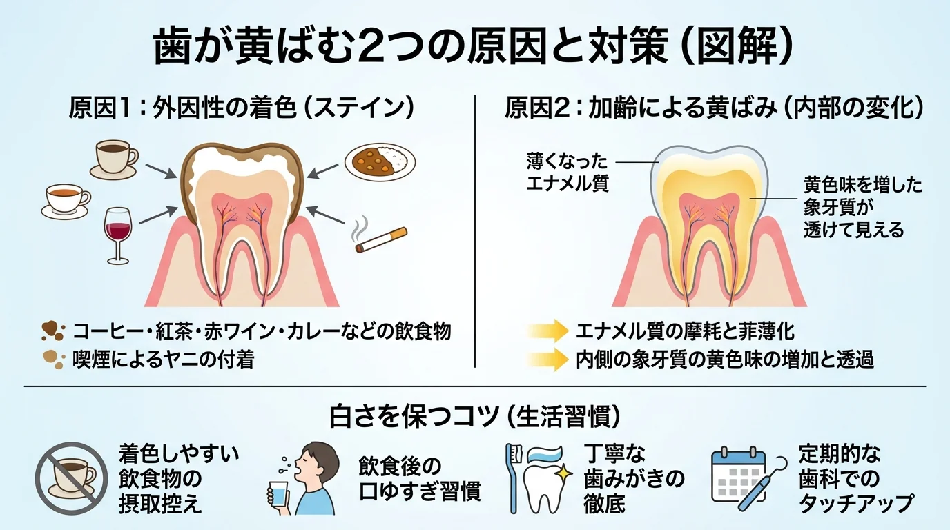 歯が黄ばむ2つの原因を図解するイラスト。外因性の着色(コーヒー・紅茶・赤ワイン・カレーなどの飲食物、喫煙によるヤニが歯の表面に付着)と、加齢による黄ばみ(エナメル質が薄くなり内側の象牙質の黄色みが透けて見える)を断面図で対比。白さを保つコツ(着色しやすい飲食物を控える・飲んだ後は口をゆすぐ・丁寧な歯みがき・定期的なタッチアップ)を併記