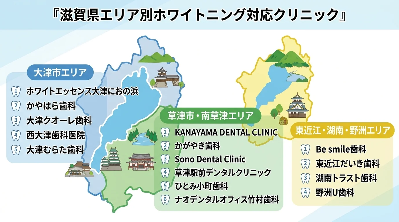 滋賀県のホワイトニング対応クリニックをエリア別に分類したイラストマップ。大津市エリア：ホワイトエッセンス大津におの浜、かやはら歯科、大津クオーレ歯科、西大津歯科医院、大津むらた歯科。草津市・南草津エリア：KANAYAMA DENTAL CLINIC、かがやき歯科、Sono Dental Clinic、草津駅前デンタルクリニック、ひとみ小町歯科、ナオデンタルオフィス竹村歯科。東近江・湖南・野洲エリア：Be smile歯科、東近江だいき歯科、湖南トラスト歯科、野洲U歯科。タイトルは『滋賀県エリア別ホワイトニング対応クリニック』
