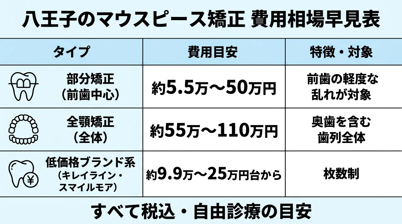 八王子のマウスピース矯正 費用相場早見表。部分矯正(前歯中心)約5.5万〜50万円・前歯の軽度な乱れが対象/全顎矯正(全体)約55万〜110万円・奥歯を含む歯列全体/低価格ブランド系(キレイライン・スマイルモア)約9.9万〜25万円台から・枚数制。すべて税込・自由診療の目安である旨を注記