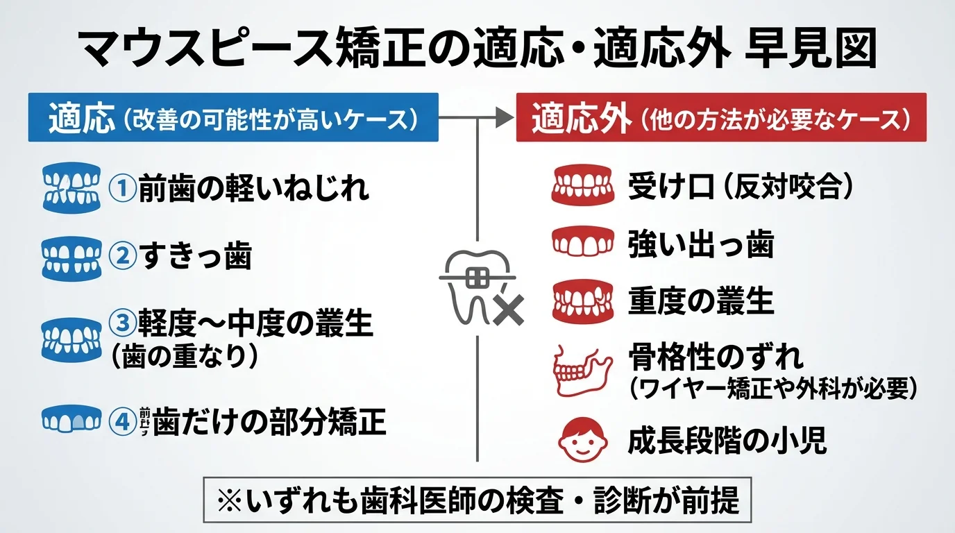 マウスピース矯正の適応・適応外の早見図。適応=前歯の軽いねじれ・すきっ歯・軽度〜中度の叢生(歯の重なり)・前歯だけの部分矯正。適応外=受け口(反対咬合)・強い出っ歯・重度の叢生・骨格性のずれ(ワイヤー矯正や外科が必要)・成長段階の小児。いずれも歯科医師の検査・診断が前提である旨を注記