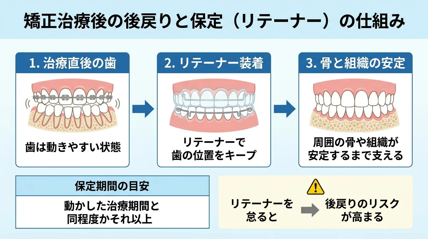 矯正治療後の後戻りと保定(リテーナー)の仕組み図。治療直後の歯は動きやすい状態→リテーナーで歯の位置をキープ→周囲の骨や組織が安定するまで支える。保定期間の目安は動かした治療期間と同程度かそれ以上。リテーナーを怠ると後戻りのリスクが高まる旨を矢印フローで示す