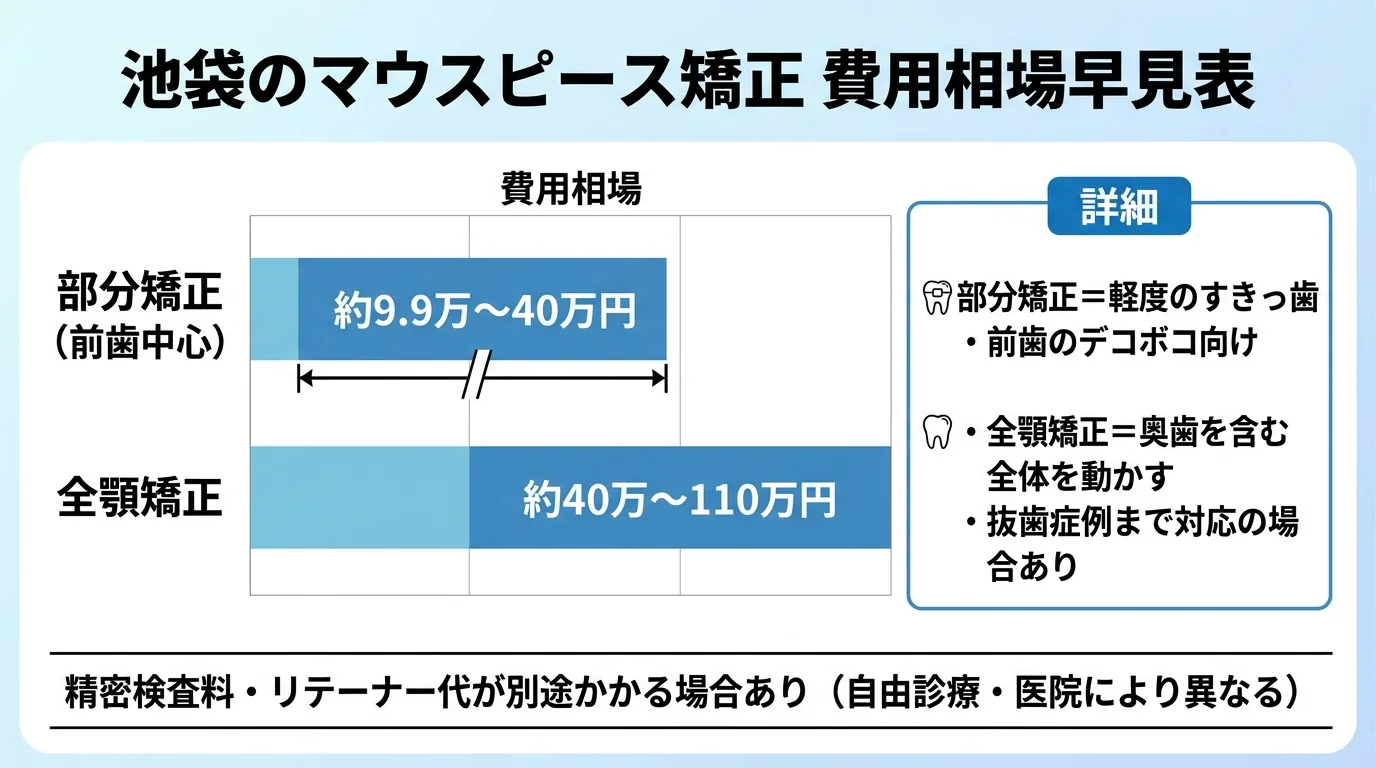 池袋のマウスピース矯正 費用相場早見表。部分矯正(前歯中心)約9.9万〜40万円、全顎矯正 約40万〜110万円の2段構成の棒グラフ。右側に『部分矯正=軽度のすきっ歯・前歯のデコボコ向け』『全顎矯正=奥歯を含む全体を動かす・抜歯症例まで対応の場合あり』と注記。下部に『精密検査料・リテーナー代が別途かかる場合あり(自由診療・医院により異なる)』