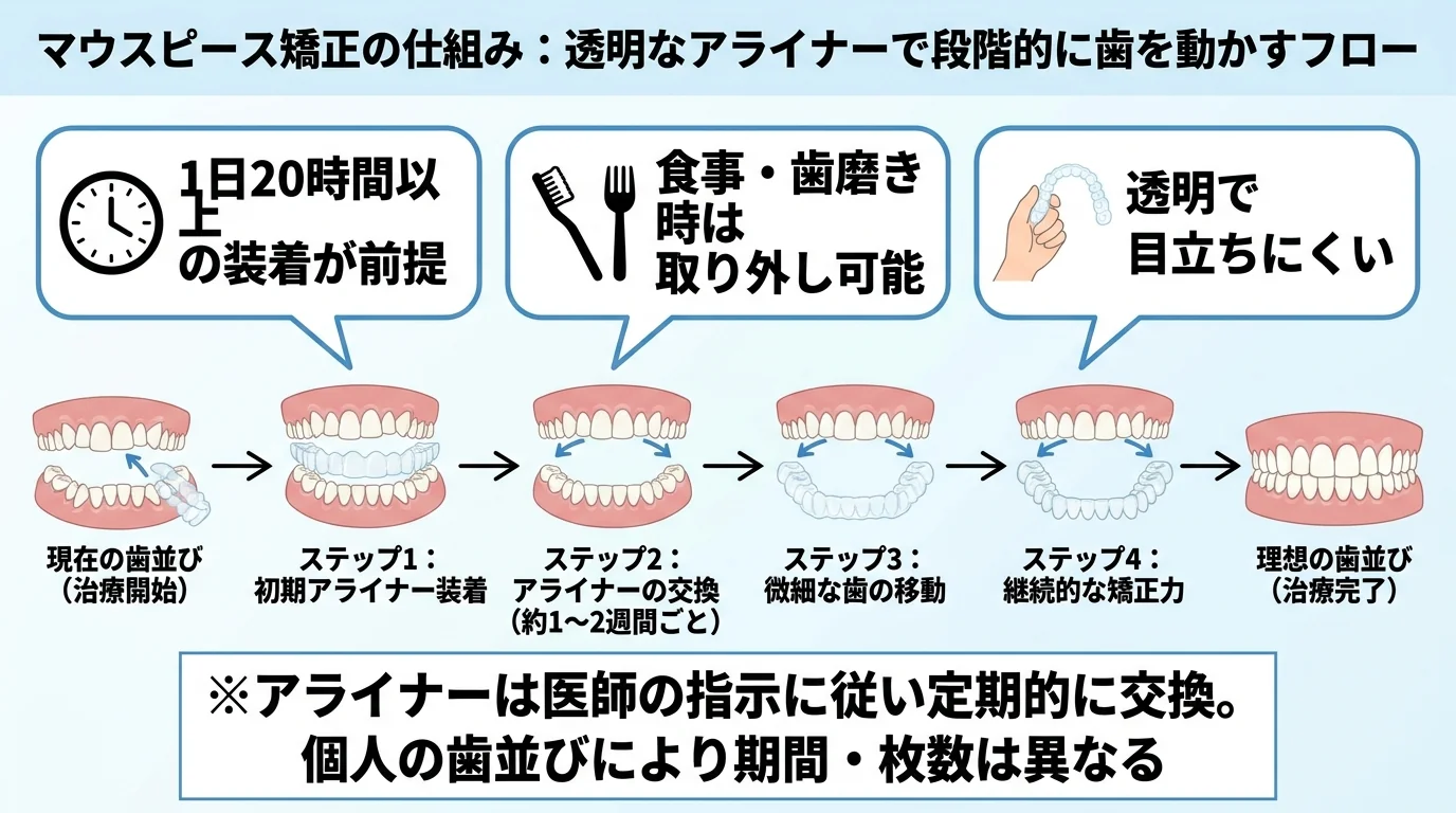 マウスピース矯正の仕組みイラスト。透明な取り外し式アライナーを段階的に交換しながら歯を少しずつ動かすフロー図。『1日20時間以上の装着が前提』『食事・歯磨き時は取り外し可能』『透明で目立ちにくい』の3点を吹き出しで表示