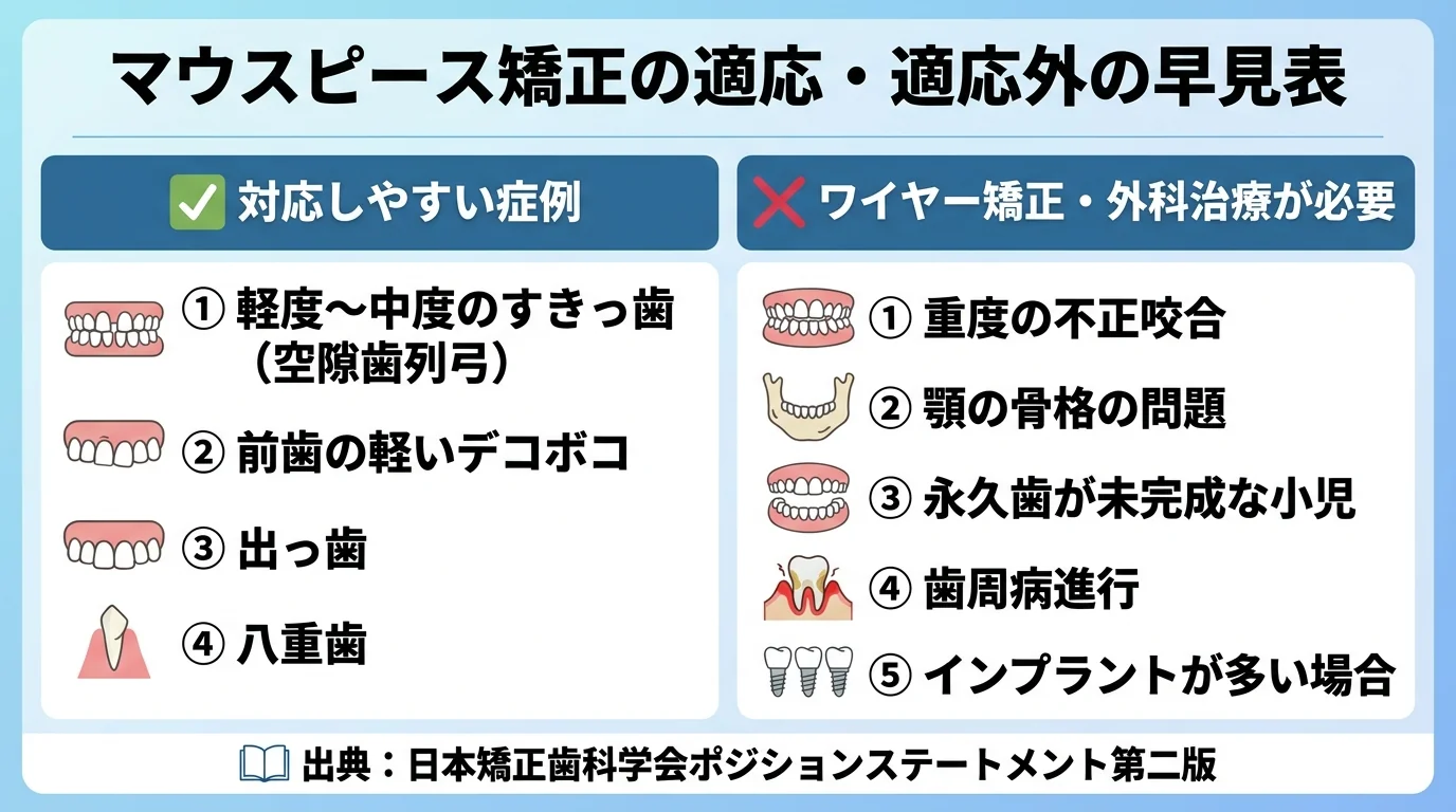 マウスピース矯正の適応・適応外の早見表。【対応しやすい症例】軽度〜中度のすきっ歯(空隙歯列弓)、前歯の軽いデコボコ、出っ歯、八重歯。【ワイヤー矯正・外科治療が必要】重度の不正咬合、顎の骨格の問題、永久歯が未完成な小児、歯周病進行、インプラントが多い場合。出典:日本矯正歯科学会ポジションステートメント第二版