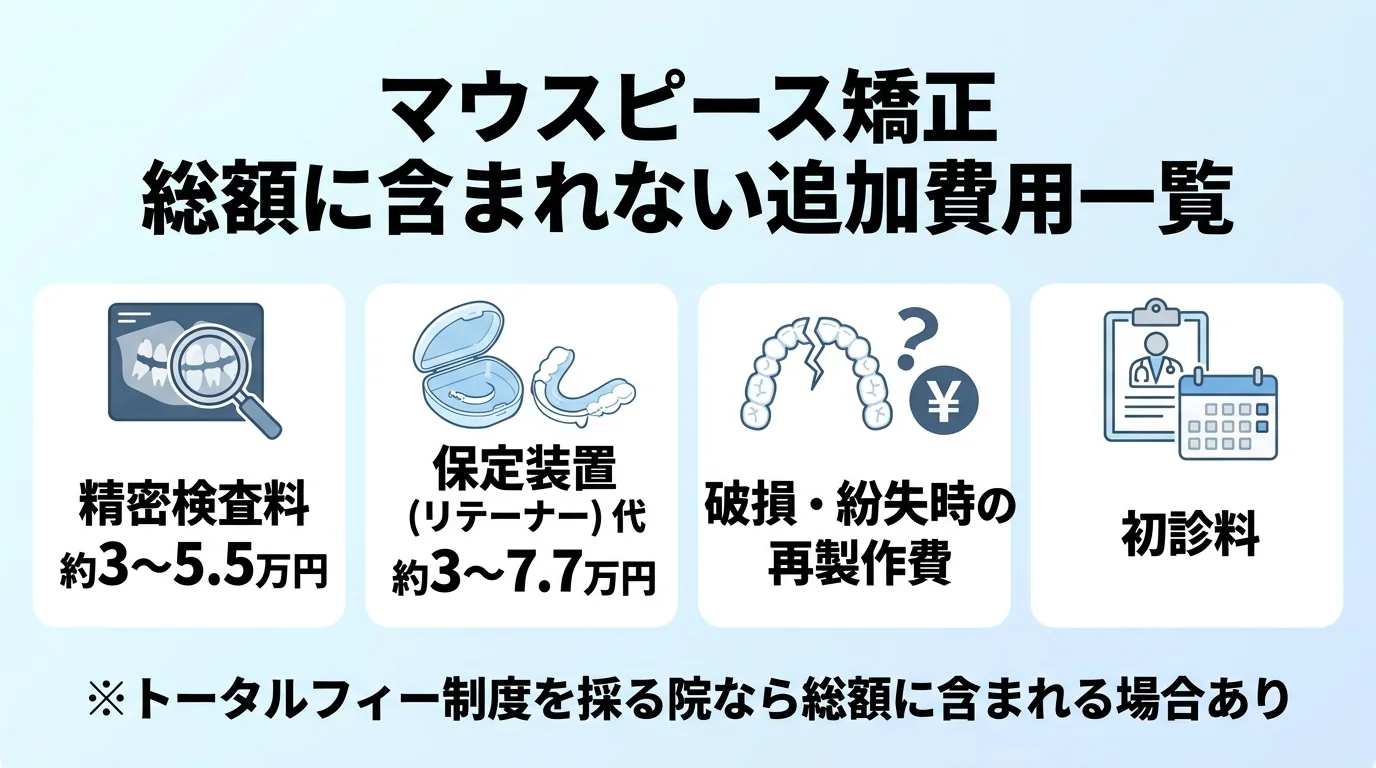 マウスピース矯正の総額に含まれないことがある追加費用の一覧インフォグラフィック。精密検査料 約3〜5.5万円、保定装置(リテーナー)代 約3〜7.7万円、破損・紛失時の再製作費、初診料。『トータルフィー制度を採る院なら総額に含まれる場合あり』の注記付き