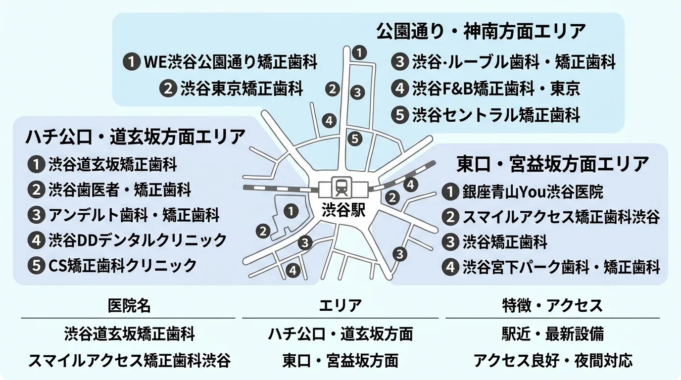 渋谷駅周辺のマウスピース矯正医院エリアマップのイラスト。東口・宮益坂方面(銀座青山You渋谷医院、スマイルアクセス矯正歯科渋谷、渋谷矯正歯科、渋谷宮下パーク歯科・矯正歯科)、ハチ公口・道玄坂方面(渋谷道玄坂矯正歯科、渋谷歯医者・矯正歯科、アンデルト歯科・矯正歯科、渋谷DDデンタルクリニック、CS矯正歯科クリニック)、公園通り・神南方面(WE渋谷公園通り矯正歯科、渋谷東京矯正歯科、渋谷ルーブル歯科・矯正歯科、渋谷F&B矯正歯科・東京、渋谷セントラル矯正歯科)の3エリアに医院名を配置