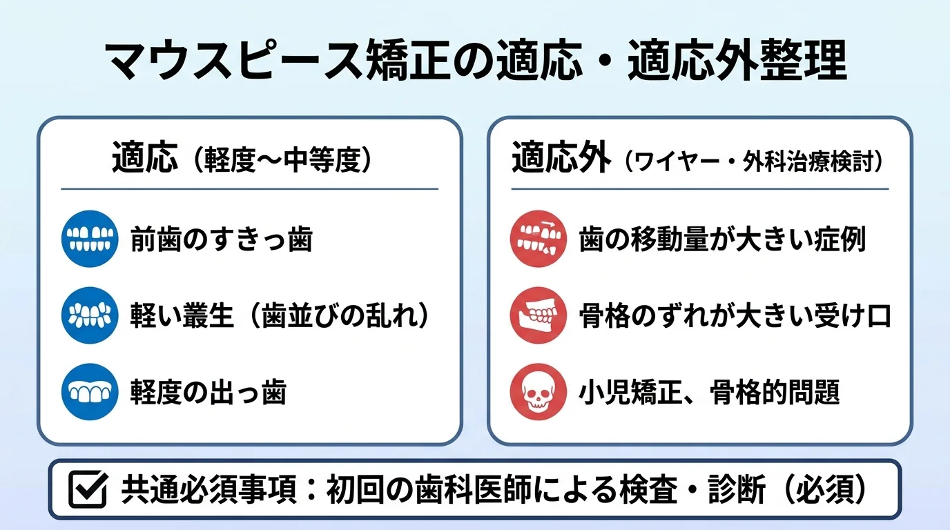 マウスピース矯正の適応・適応外を整理したインフォグラフィック。適応(軽度〜中等度):前歯のすきっ歯、軽い叢生、軽度の出っ歯。適応外(ワイヤー・外科治療検討):歯の移動量が大きい症例、骨格のずれが大きい受け口、小児・骨格的問題。共通して初回に歯科医師の検査・診断が必須である点を強調