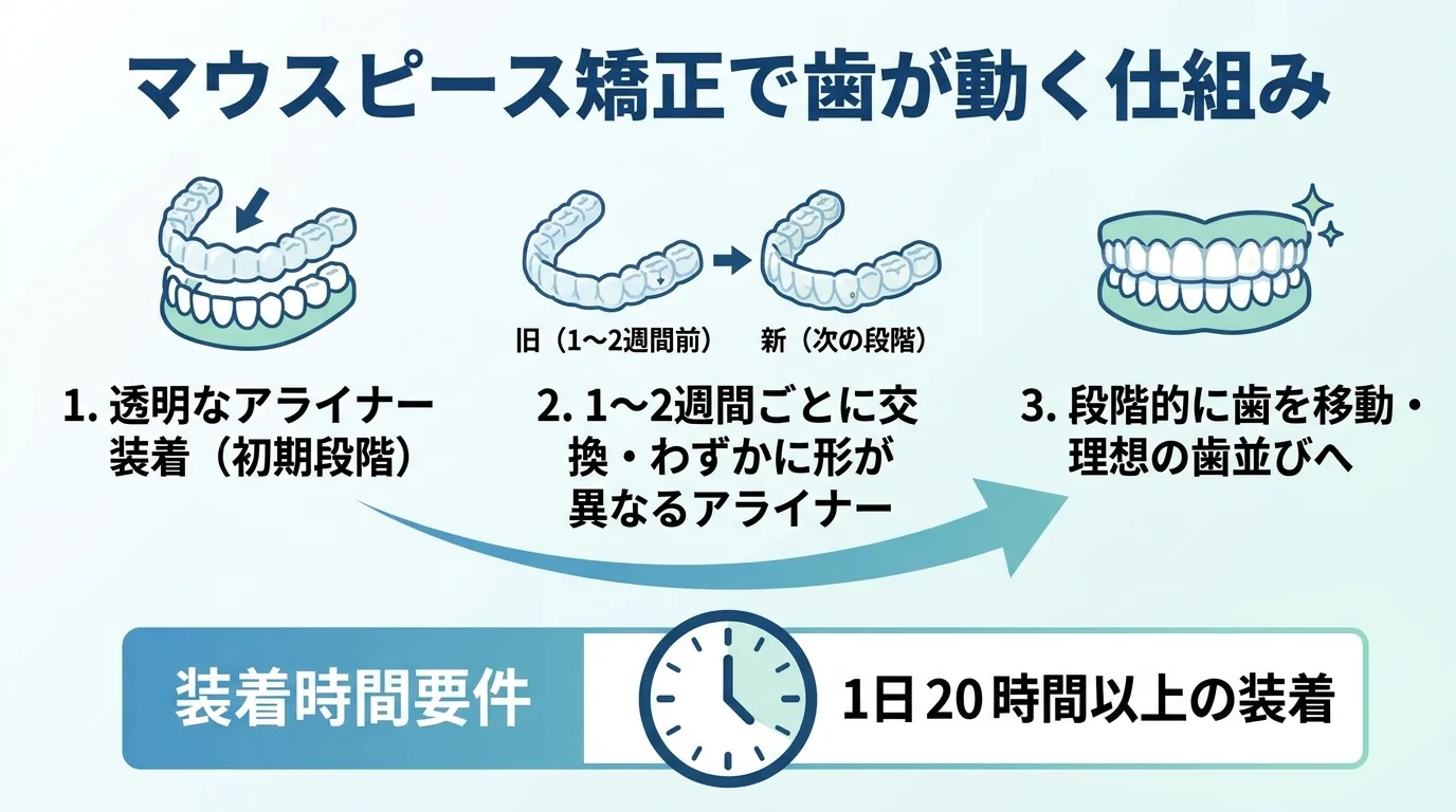 マウスピース矯正で歯が動く仕組みのイラスト。透明なアライナーを1〜2週間ごとに交換、1枚ごとにわずかに形が異なり段階的に歯を移動、1日20時間以上の装着が必要という流れを矢印とマウスピースの図で表現