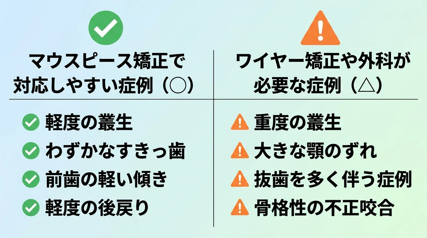 マウスピース矯正の適応症例と非適応症例の比較表イラスト。対応しやすい: 軽度の叢生・わずかなすきっ歯・前歯の軽い傾き・軽度の後戻り、ワイヤー矯正や外科が必要: 重度の叢生・大きな顎のずれ・抜歯を多く伴う症例・骨格性の不正咬合。◯と△のアイコンで区分