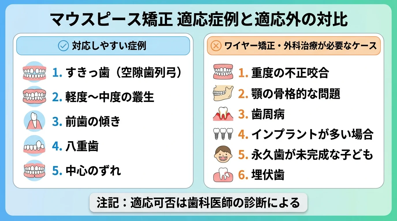マウスピース矯正の適応症例と適応外を2列で対比したインフォグラフィック。【対応しやすい症例】すきっ歯（空隙歯列弓）、軽度〜中度の叢生、前歯の傾き、八重歯、中心のずれ／【ワイヤー矯正・外科治療が必要なケース】重度の不正咬合、顎の骨格的な問題、歯周病、インプラントが多い場合、永久歯が未完成な子ども、埋伏歯。最下部に注記『適応可否は歯科医師の診断による』
