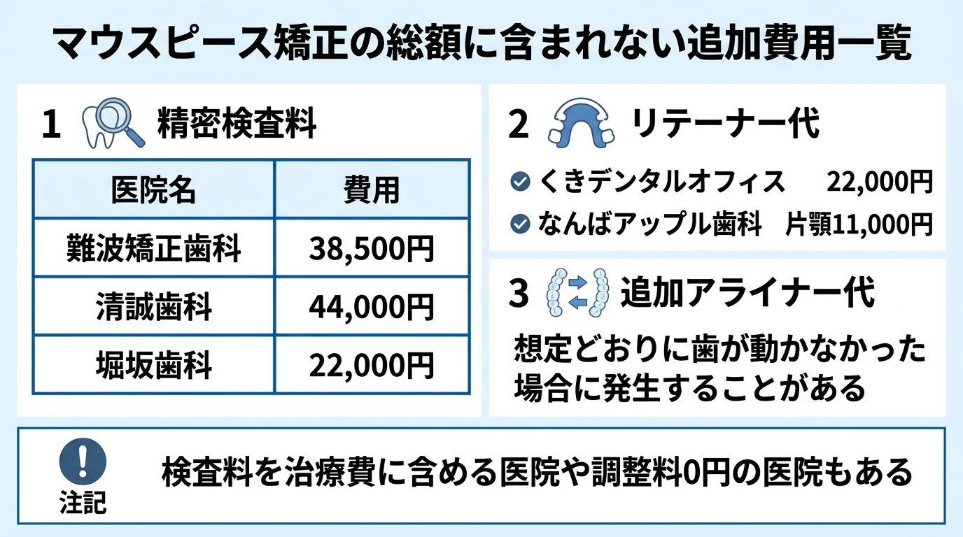 マウスピース矯正の総額に含まれない追加費用の一覧インフォグラフィック。【精密検査料】難波矯正歯科38,500円、清誠歯科44,000円、堀坂歯科22,000円／【リテーナー代】くきデンタルオフィス22,000円、なんばアップル歯科 片顎11,000円／【追加アライナー代】想定どおりに歯が動かなかった場合に発生することがある。注記『検査料を治療費に含める医院や調整料0円の医院もある』