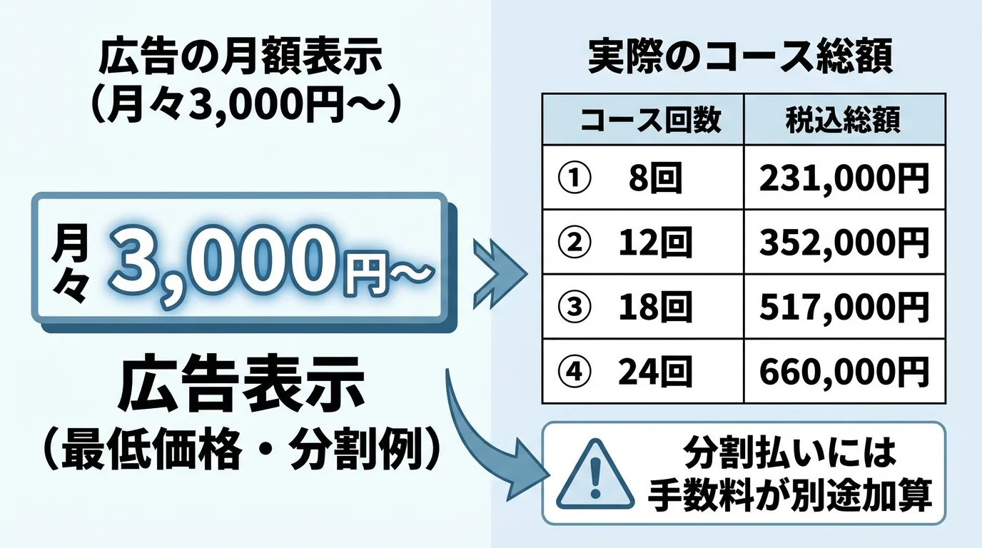 「月々3,000円〜」と「税込総額」の違いを対比するイラスト図。左に広告の月額表示（月々3,000円〜）、右に実際のコース総額（8回231,000円・12回352,000円・18回517,000円・24回660,000円）を並べ、分割払いには手数料が別途加算されることを矢印で示す概念図
