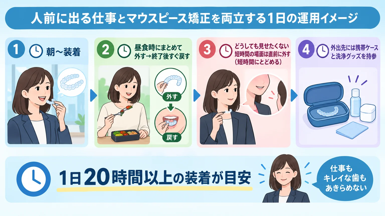 人前に出る仕事とマウスピース矯正を両立する1日の運用イメージ図（イラスト）。『朝〜装着』『昼食時にまとめて外す→終了後すぐ戻す』『どうしても見せたくない短時間の場面は直前に外す（短時間にとどめる）』『外出先には携帯ケースと洗浄グッズを持参』の流れを時計アイコンと吹き出しで示したフロー図。1日20時間以上の装着という目安も明記