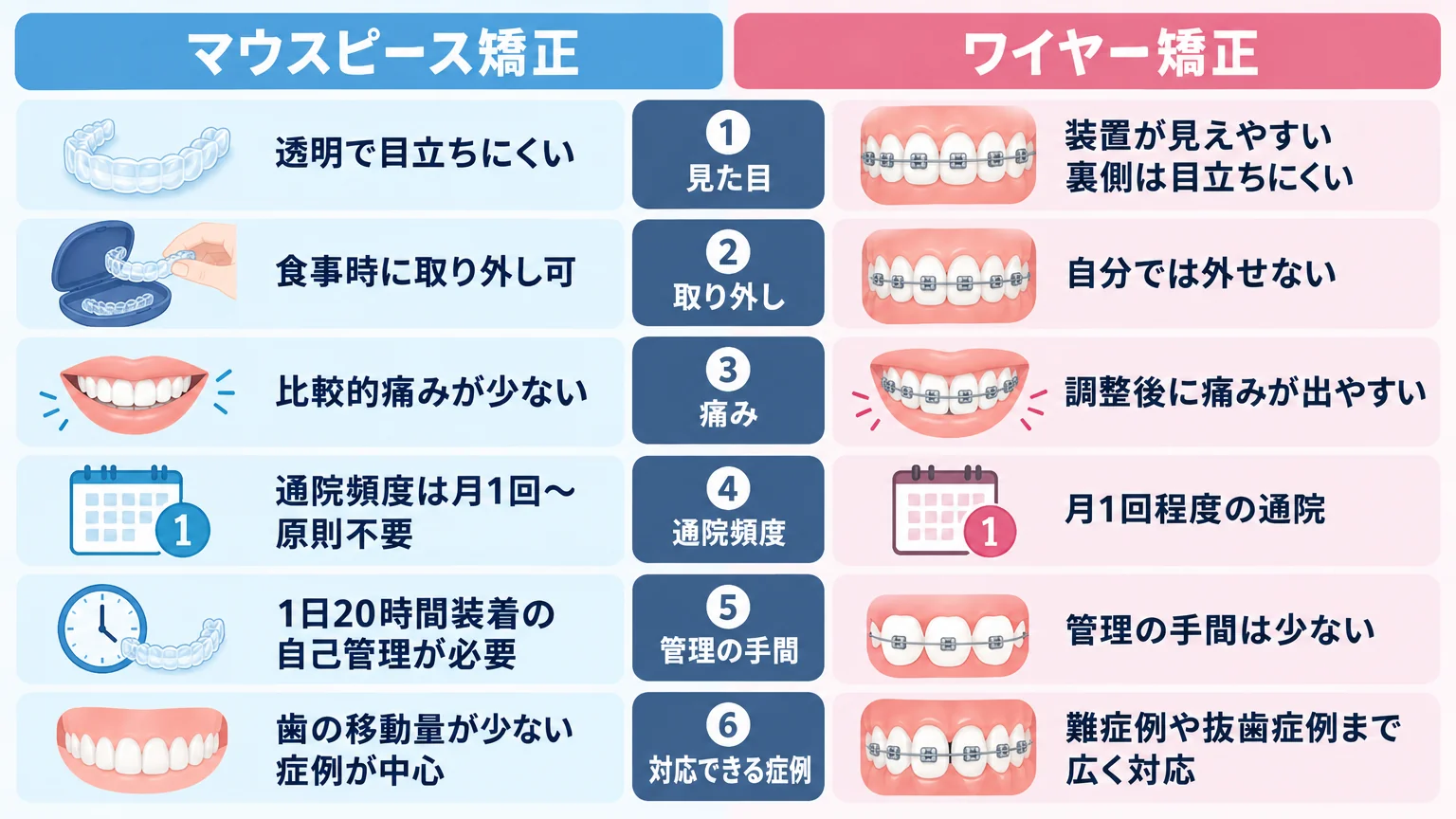 マウスピース矯正とワイヤー矯正の6つの判断軸を比較するインフォグラフィック。左にマウスピース矯正(透明で目立ちにくい・食事時に取り外し可・比較的痛みが少ない・通院頻度は月1回〜原則不要・1日20時間装着の自己管理が必要・歯の移動量が少ない症例が中心)、右にワイヤー矯正(装置が見えやすい/裏側は目立ちにくい・自分では外せない・調整後に痛みが出やすい・月1回程度の通院・管理の手間は少ない・難症例や抜歯症例まで広く対応)を並べた対比図