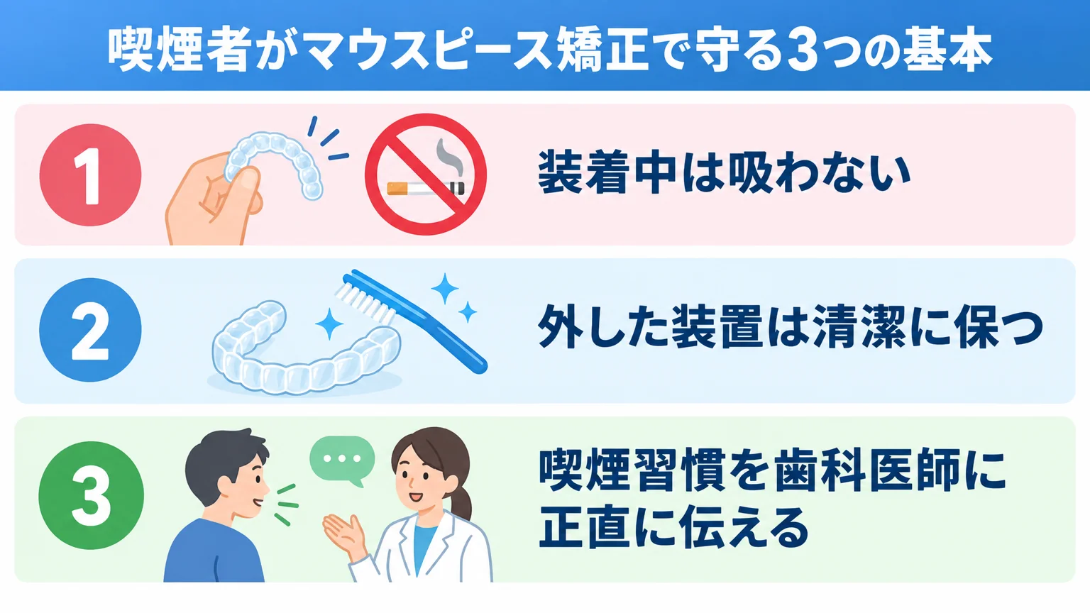 マウスピース矯正中の喫煙ルールを示すインフォグラフィック。3つのポイントを縦に並べる。1.装着中は吸わない(装置を外すアイコン)、2.外した装置は清潔に保つ(洗浄ブラシのアイコン)、3.喫煙習慣を歯科医師に正直に伝える(会話のアイコン)。タイトル『喫煙者がマウスピース矯正で守る3つの基本』