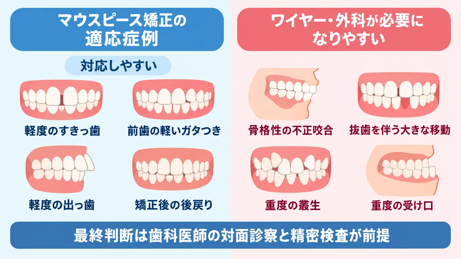 「マウスピース矯正の適応症例・適応外症例」を左右に分けた比較イラスト。左(対応しやすい):軽度のすきっ歯、前歯の軽いガタつき、軽度の出っ歯、矯正後の後戻り。右(ワイヤー・外科が必要になりやすい):骨格性の不正咬合、抜歯を伴う大きな移動、重度の叢生、重度の受け口。下部に『最終判断は歯科医師の対面診察と精密検査が前提』と注記