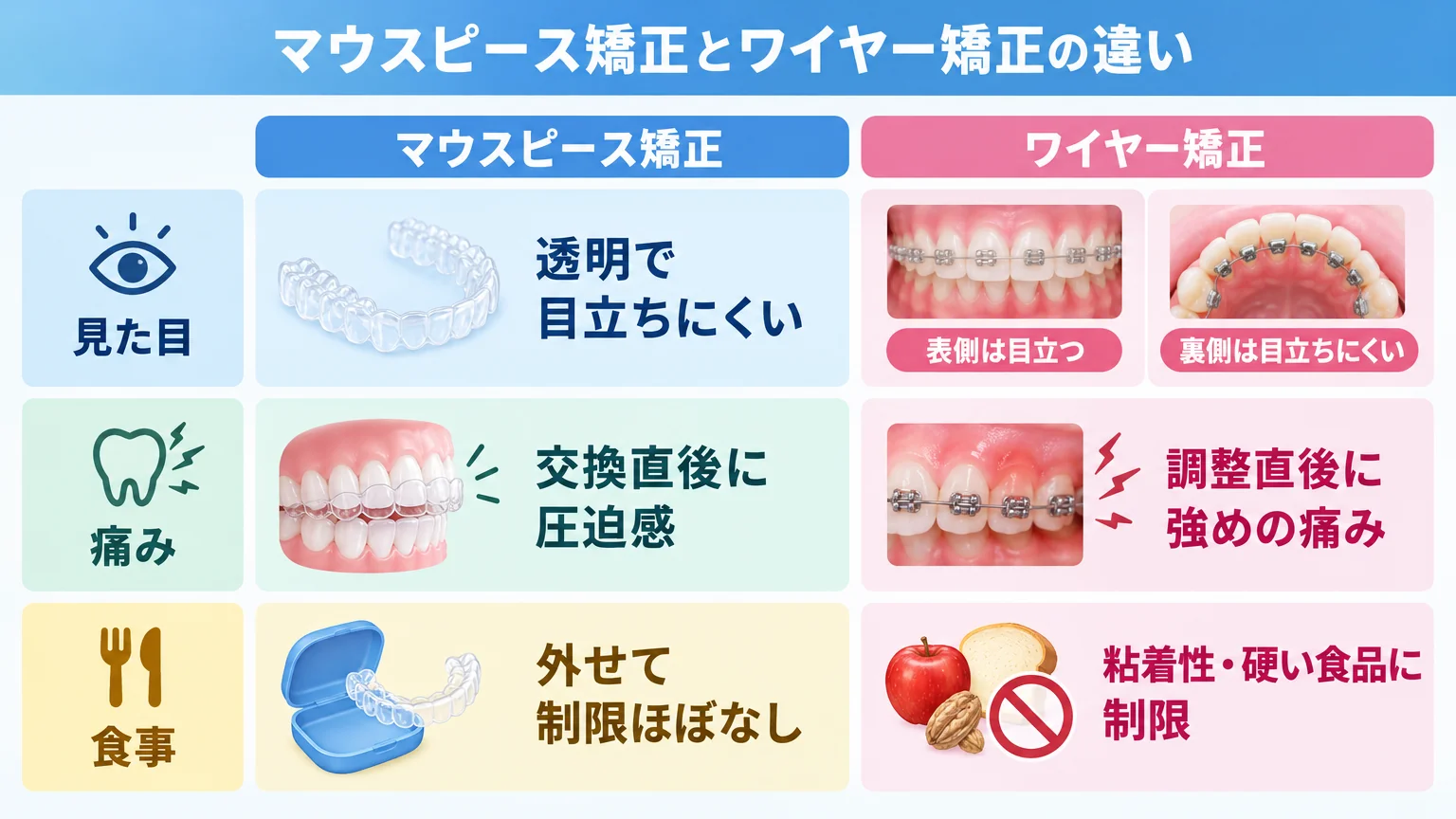 見た目・痛み・食事の3軸でマウスピース矯正とワイヤー矯正を比較するインフォグラフィック。見た目:マウスピース=透明で目立ちにくい、ワイヤー=表側は目立つ/裏側は目立ちにくい。痛み:マウスピース=交換直後に圧迫感、ワイヤー=調整直後に強めの痛み。食事:マウスピース=外せて制限ほぼなし、ワイヤー=粘着性・硬い食品に制限